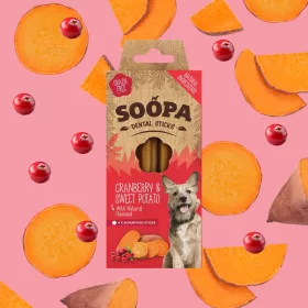  SOOPA DENTAL STICKS - VÖRÖS ÁFONYÁVAL ÉS ÉDESBURGONYÁVAL 100 G